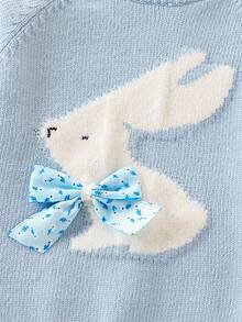 SHEIN Vintaside Kids Baby Girls 2pcs Sweater Co-Ord Set - Knitted Long Sleeve Pullover Sweater With Rabbit Jacquard Pattern & Bow Accent + Wide Leg Knit Pants, Fashionable & Cute Outfit For Autumn/Winter, Suitable For Casual, Home, Travel, School Baby Set Autumn Winter Season Baby Knitted Set Baby Girl Warm Sets Baby Two Piece Set Knit Two Piece Toddler - Blue - View 6