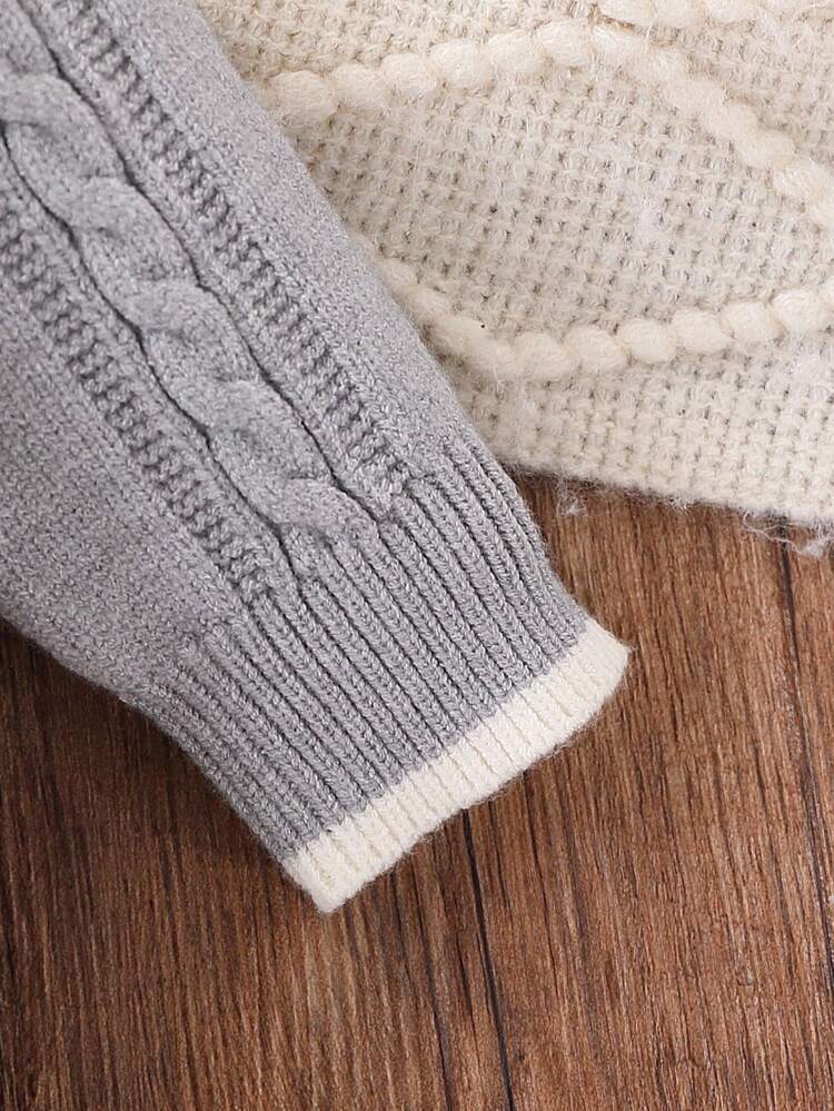 SHEIN 婴儿毛衣，新生儿男女款高领长袖针织连脚连体衣，秋冬舒适，优雅时尚，适合居家、日常穿着和旅行 - 灰色 - 查看 3