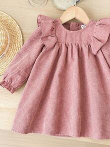 SHEIN Baby Girl Cute Corduroy Loose Ruffled Hem Pink Long Sleeve Dress Fall Winter - Pink - View 3