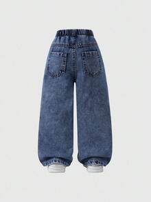 SHEIN 年轻女孩休闲可爱复古浅蓝色破洞牛仔裤，粉色蝴蝶结刺绣，宽松直筒版型，面料柔软舒适，时尚街头服饰 - 深色水洗藍 - 查看 2