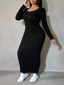 SHEIN PETITE CURVE Plus Solid Ribbed Knit Bodycon Dress - Black - View 3