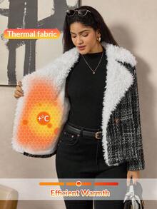 Zelara Plus Size Women Fuzzy Lapel Neck Long Sleeve Plaid Loose Casual Jacket, Autumn Winter Tweed Jacket Women Teddy Collar Tweed Jacket Plus Size Tweed Jacket Women For Women Casual Women's Winter Winter Women's Winter Jacket Going Out Tops Going Out Female Country Look Plaid Chic Women's Jacket Chic Blazer Women Autumn For Women Black Jacket Winter For Women Women's Winter Thanksgiving For Women - Black and White - View 3
