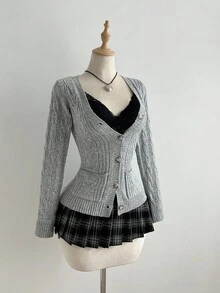 Elamini Áo khoác cardigan dệt kim dài tay bó sát màu trơn có túi dành cho nữ, mùa thu - Xám - Xem 1