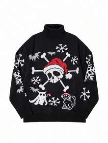 Manfinity Roghcode Men's Casual Skull & Snowflake Pattern Turtleneck Long Sleeve Sweater, Autumn/Winter Christmas - Black - View 1