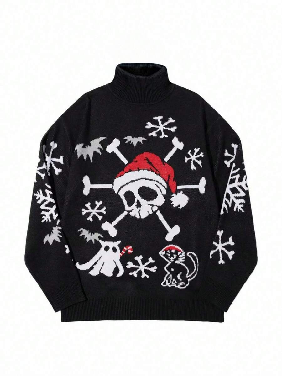 Manfinity Roghcode Men's Casual Skull & Snowflake Pattern Turtleneck Long Sleeve Sweater, Autumn/Winter Christmas - Black - View 1