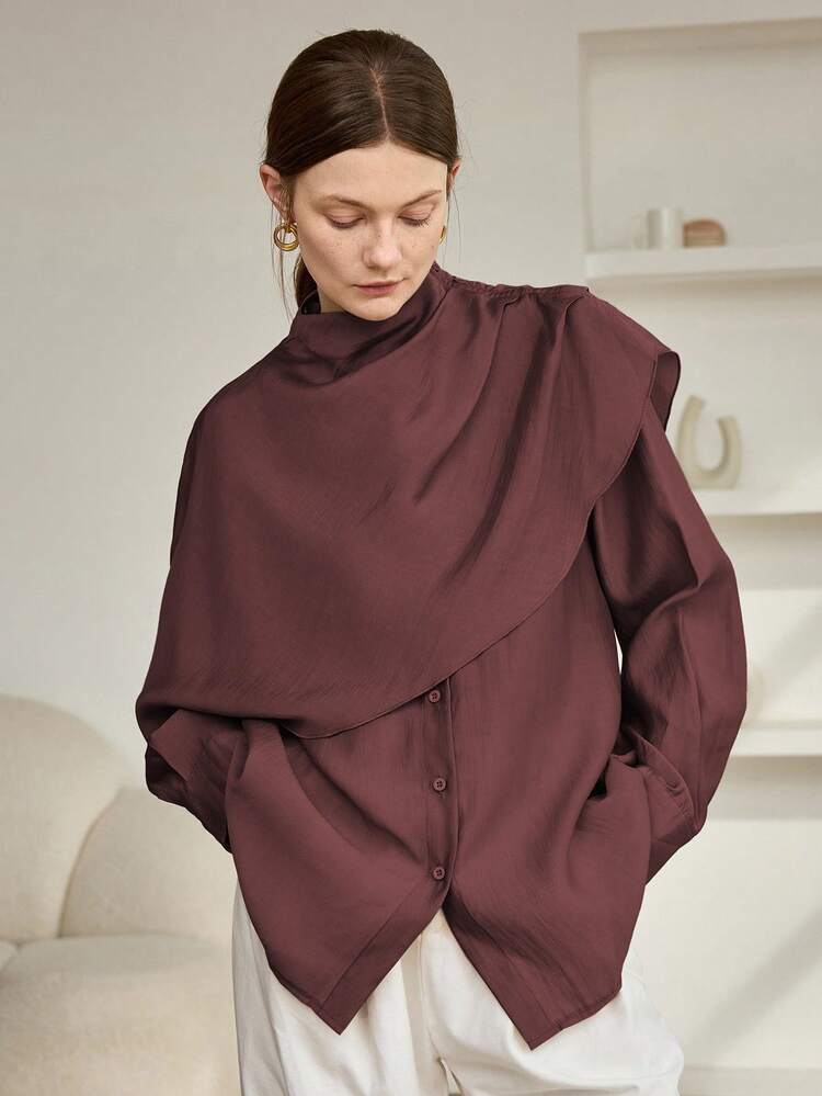 Women's Loose Chiffon Blouse, Casual Business Office Wear, Long Sleeve, Shawl Collar, Suitable For Spring, Summer, Autumn