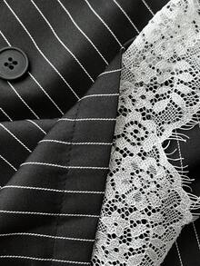 Elamini 1pc Black & White Striped Off Shoulder Splice Contrast Color Lash Lace Sexy Elegant Casual Long Sleeve Dress For Women, Autumn/Winter