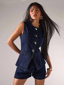 SHEIN BAE 女式休闲通勤前扣无袖牛仔衬衫，夏季 - 深色水洗藍 - 查看 6