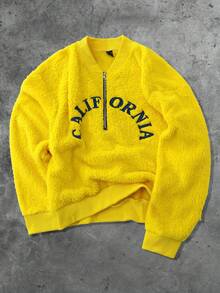 ROMWE MEN Street Life Men's Embroidered Half-Zip Pullover Sweatshirt, Suitable For Autumn/Winter - Yellow - View 1