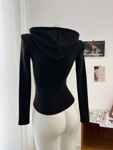 DAZY 女士保暖内衬圆领半拉链连帽T恤，秋季长袖女式上衣，保暖内衬，冬季 - 黑色 - 查看 8