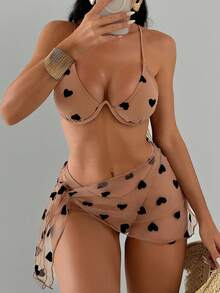 Swim Mod 3pcs Heart Print Bikini Swimsuit Set, Non-Padded, With Underwire - Apricot - View 6