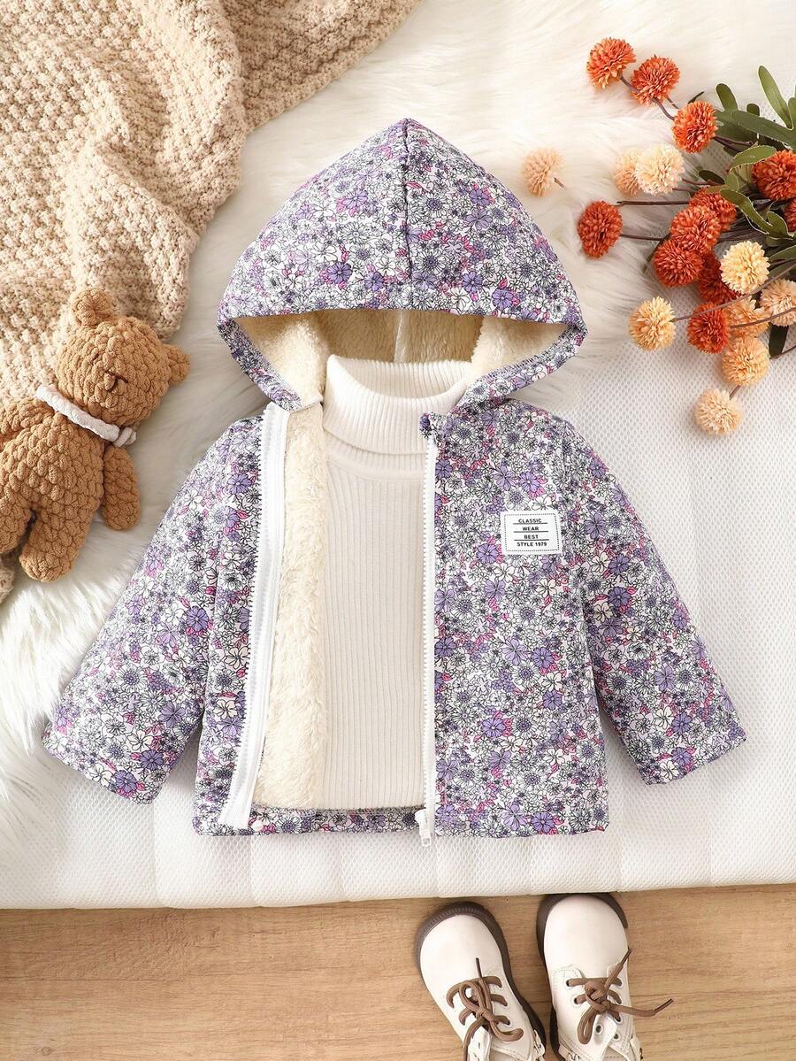 SHEIN Vintaside Kids 复古碎花连帽女婴外套,拉链闭合,保暖内衬,休闲时尚冬季外套 - 紫色 - 查看 1