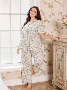 CottageSlumber Plus Size Ditsy Floral Ruffle Collar Open Front Pajama Set - Multicolor - View 4