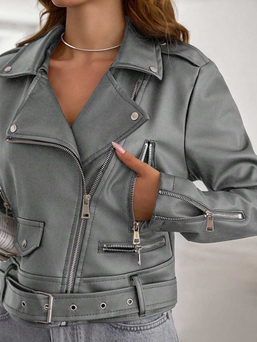 SHEIN Zip Up PU Belted Detailed Leather Moto Jacket, For Autumn/Winter - Grey - View 1