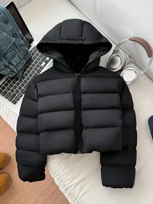 SHEIN 青少年女孩纯黑色冬季连帽短款黑色棉服冬季外套，秋冬思考者 - 黑色 - 查看 9