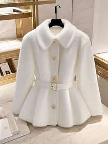 GlowEve Elegant Faux Fur Belted Regular Jacket, Autumn/Winter - White - View 1