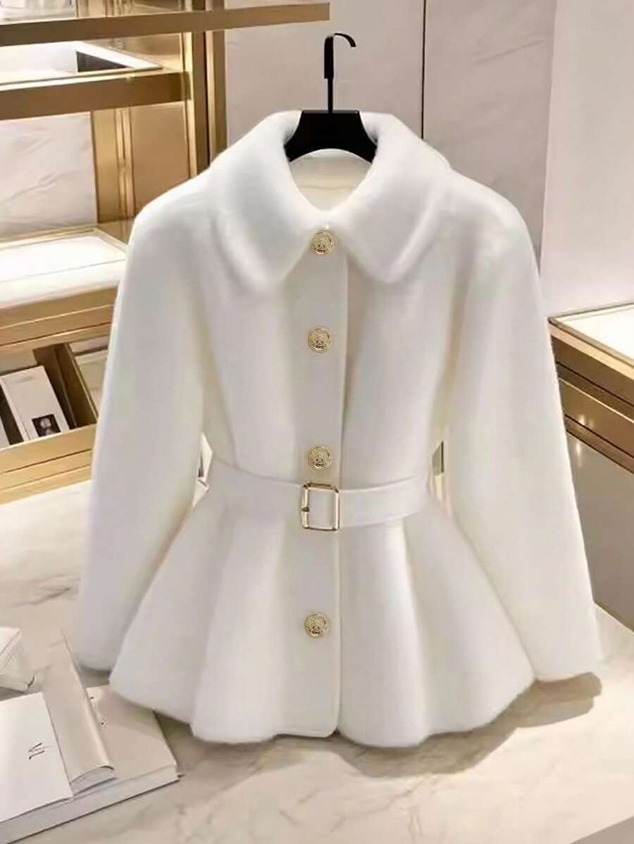 GlowEve Elegant Faux Fur Belted Regular Jacket, Autumn/Winter - White - View 1