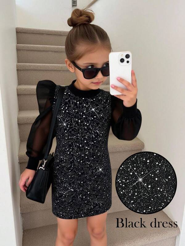 Sukienka dla młodych dziewcząt w swobodnym stylu ulicznym, z brokatowym srebrnym dekoltem i bufiastymi rękawami, dopasowana, elegancka czarna sukienka, odpowiednia na co dzień, do szkoły, na Boże Narodzenie, na imprezę, urodziny, do sesji zdjęciowej jesienią i zimą, idealna dla matki i córki