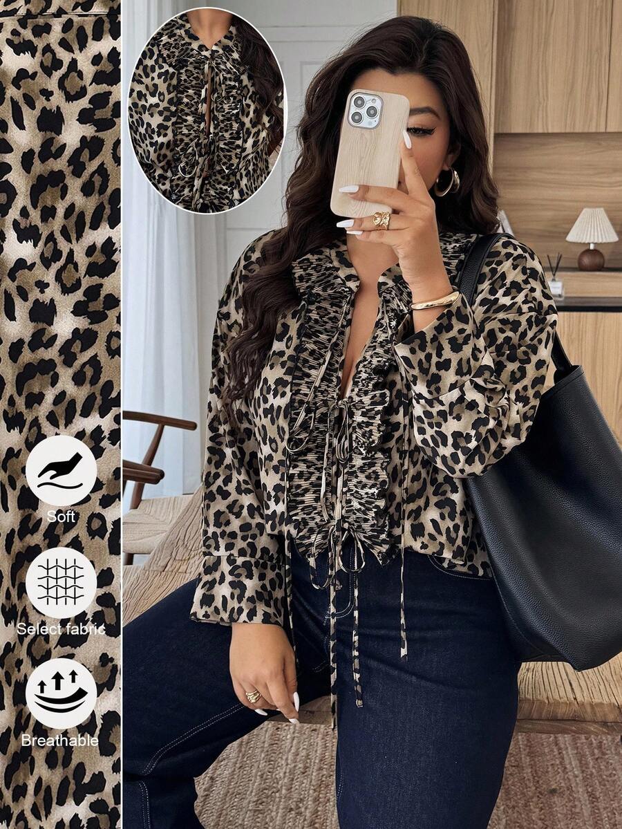 Blusa de moda con estampado de leopardo, parches y volantes en el bajo con lazo delantero para mujer talla grande - Multicolor - Ver 1