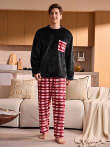 Men's Plaid Pocket Long Sleeve Top & Pants Pajama Set, Fall/Winter Clothes, Christmas, Fluffy, Cozy - Black - View 3