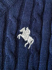 SHEIN Tween Girl Knight Pattern Cable V-Neck Long Sleeve Casual Sweater, Autumn/Winter Fall