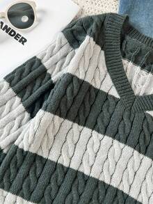 SHEIN Tween Girls Striped Color Block Cable Knit V-Neck Lantern Sleeve Oversized Pullover Sweater, Suitable For Autumn/Winter Outings Fall - Dark Grey - View 5