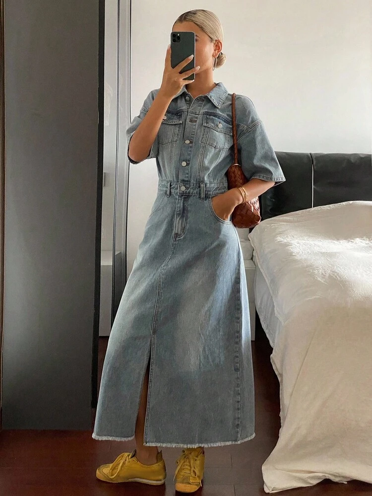 Short Sleeve Slim Fit Polo Collar Waist Cinched Over-The-Knee Casual Denim Dress For Women Maxi Dress
