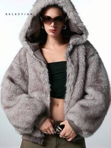 LYSMO SELECTION2025 Autumn And Winter New Women's Fashion Double-Sided Zipper Front Furry Hooded Thick Gray Coat, Winter Wear, Street Wear, Christmas, Halloween, Going Out - Grey - View 1