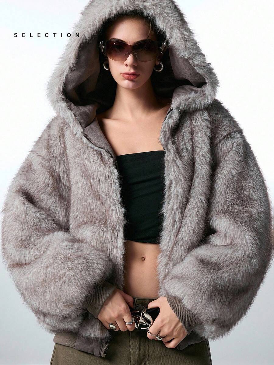 LYSMO SELECTION2025 Autumn And Winter New Women's Fashion Double-Sided Zipper Front Furry Hooded Thick Gray Coat, Winter Wear, Street Wear, Christmas, Halloween, Going Out - Grey - View 1