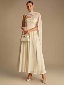 Enchnt 秋冬浪漫杏色抹胸连衣裙，搭配飘逸披肩，时尚优雅，适合派对、约会、假日、毕业典礼、婚礼宾客、办公室、外出、万圣节、圣诞节等场合。这款连衣裙是女士秋季连衣裙、秋季服装、秋季套装、狂欢节、新年等场合的理想之选。 - 杏色 - 查看 7