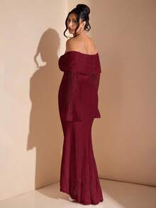 SHEIN BAE 女士优雅露肩白色蕾丝长袖超长美人鱼裙，适合婚礼、派对、伴娘服、白色毕业礼服 - 酒紅色 - 查看 2