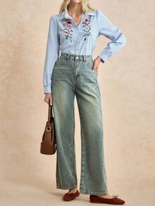 Écloséra 女士寬鬆休閒丹寧寬腿褲，附口袋 - 深色水洗藍 - 查看 3