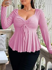 Vionelle Plus Size Women's Casual Sweetheart Neck Front Drawstring Ribbed Long Sleeve Babydoll Tee, Spring/Autumn - Pink - View 5