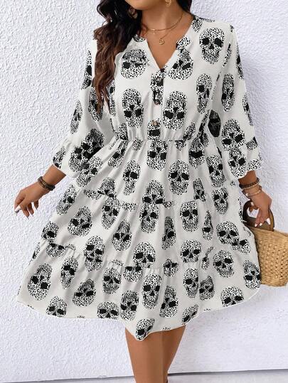 EMERY ROSE 大码豹纹骷髅印花休闲度假连衣裙