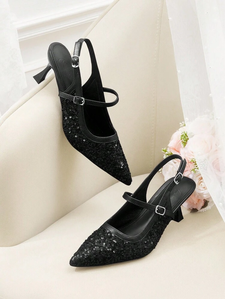 CUCCOO HITCHD Women's Pointed Toe Stiletto Heel Mid-Heel Shoes, Elegant Glitter Leather Pumps, Suitable For Formal Occasions, Weddings, Parties, Halloween, Christmas, New Year