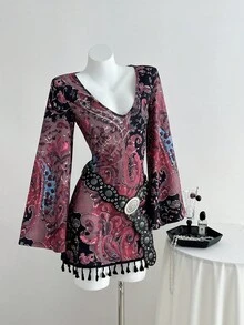 Elamini 1 chiếc váy len ngắn cho nữ, nhiều màu sắc, họa tiết hoa hạt điều bohemian, tay dài, mặc thường ngày/đi làm hàng ngày - Nhiều màu - Xem 5