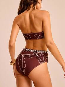 CAJUNI Top bandeau con estampado floral rojo-marrón y Bottom de cintura alta para vacaciones, bikini estampado para playa y citas