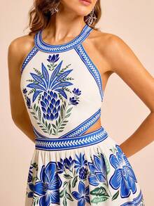 CAJUNI Women's Boho Tropical Floral Print, Sleeveless Tie-Back Backless Mini Dress, Casual Beach Sundress For Summer Vacation - Multicolor - View 3