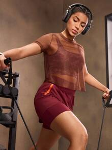 Powerista 休闲纯色镂空网眼运动T恤，夏季 - 棕色 - 查看 6