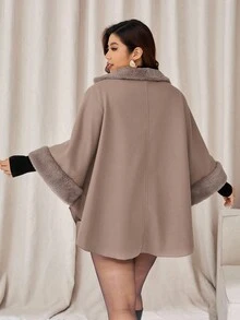 Auralis 大码女装秋冬时尚优雅宽松舒适日常毛绒拼接卡其色斗篷外套配腰带，女装冬装，秋季服装，冬季外套 - 灰色 - 查看 2