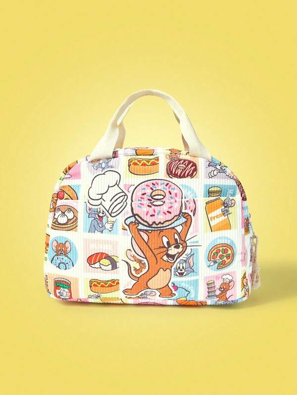 TOM & JERRY X SHEIN Corduroy Material Lunch Box Bag, Enlarged Lunch Bag, Office Worker, Student Lunch Bag, Preppy, Color Block