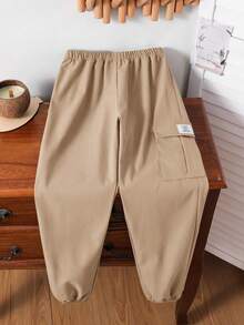 SHEIN Tween Boy Casual Cargo Pocket Drawstring Sweatpants, Gray, Versatile For Daily Wear, School, All Seasons - Khaki - View 6