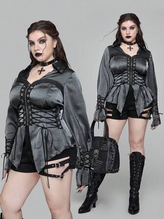 Goth Camisa deconstructiva con diseño creativo de ojetes y cordones, textura metálica gris romántica gótica de talla grande. Blusa/chaqueta gótica elegante de talla grande en gris oscuro para otoño/invierno