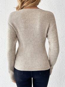 EMERY ROSE Women's Solid Color Overlap V-Neck Dropped Shoulder Long Sleeve Pleated Casual Sweater, Autumn/Winter - Beige - View 2