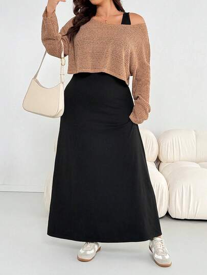 SHEIN Essnce 大码女装秋冬时尚休闲宽松舒适日常卡其色长袖T恤和黑色背心长裙两件套，秋季衣服，机场装，简约风格