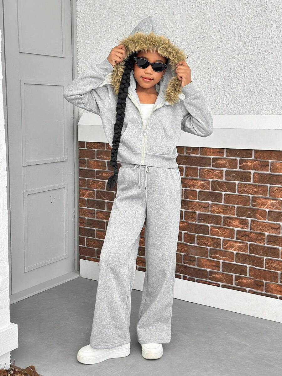 SHEIN Sparklyn 青少年女孩休闲基本款日常通勤校园街头装居家保暖内衬拉链连帽夹克 + 宽松阔腿运动裤秋冬套装秋季