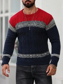 Manfinity Homme 男士撞色麻花图案圆领长袖休闲毛衣，秋冬 - 彩色 - 查看 5