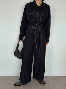 FRIFUL Women's Contrast Stitching Denim Bib Pants And Jumpsuit - Black - View 2