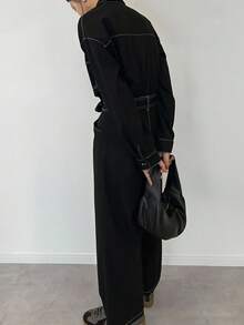 FRIFUL Women's Contrast Stitching Denim Bib Pants And Jumpsuit - Black - View 6