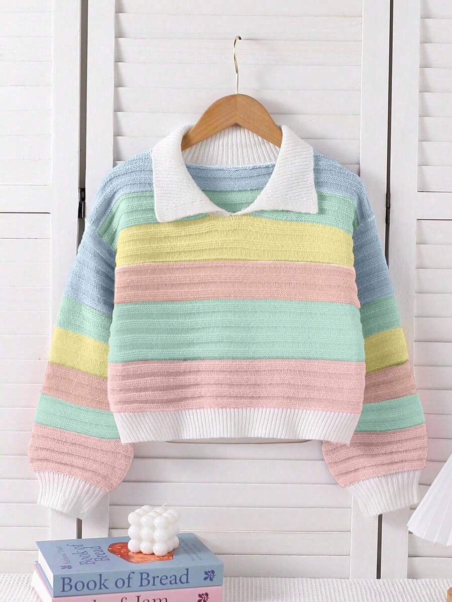 SHEIN 少女秋冬季翻领彩色条纹宽松休闲套头毛衣,适合户外运动、聚会、购物等场合。 - 彩色 - 查看 1